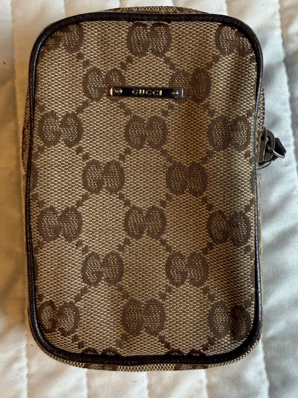 Gucci GG Monogram Logo Canvas & Leather Zip Pouch, Small Beige Brown